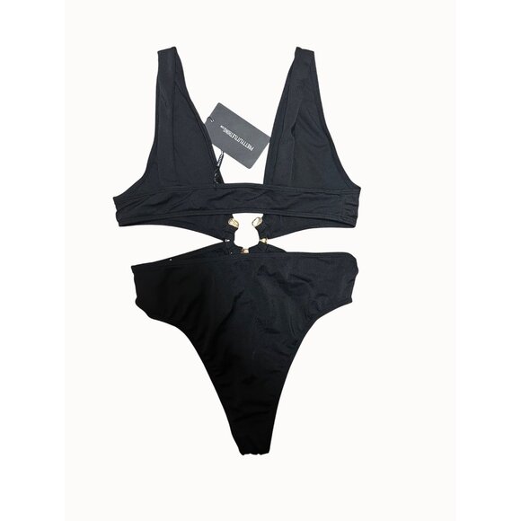 Pretty Little Thing Black Hammered Trim Deep Plunge Cut Out Bathing Suit New 8 - Picture 6 of 8